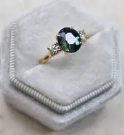 2. 57 Ct Oval Natural Green Sapphire Diamond Proposal Ring 14K solid Yellow gold