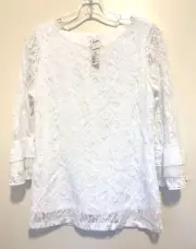 Elle XS White NWT Boho Lined Mesh Lace Top 3/4 Bell Flare Sleeves Women Whimsy
