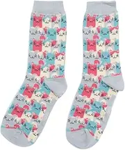 [Purple Possum] Cat Socks Ladies Cats Print Grey Pink Womens Cute Kitty Socks Cotton Bamboo 1 Pair Size 3 to 7, Pink, Pale Pink, light Pink, 4.5-8 US