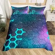 Honeycomb Galaxy Duvet Cover S Size, Stars Blue Purple Mist Universe Comforter Cover Set for Children Boys Girls Neon Hexagon Geometric Bedding Quilt Cover Bedroom Decor 2 Pieces
