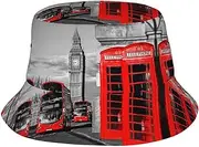 [SAAKE] England UK London Telephone Print Unisex Bucket Hat Twill Fabric Sun Protection Stylish for All Seasons Bucket Hats Black, Black, One Size