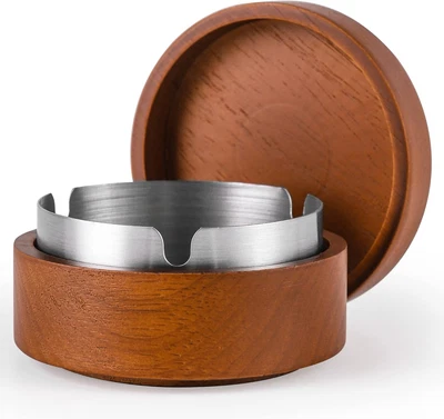 Wooden Ashtray with Lid for Smokers Stainless Steel Liner Ash Tray Windproof ...