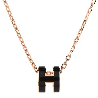 Hermes Rose Gold Mini Pop H Pendant Necklace Black New Authentic