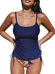 [CUPSHE] Women's Tankini Sets Two Piece Swimsuits Mid Rise Square Neck Adjustable Straps Ruched Drawstring, Navy Blue/Tropical, X-Small
