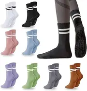 [Gautio] 8 Pairs Pilates Socks with with Non Slip Grippers, Women Yoga Crew Socks for Dance Workout, Breathable Soft Sticky Slipper Socks for Barre, Gym, Training, Ballet
