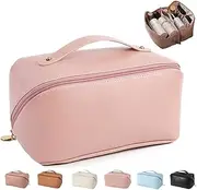 Large Capacity Travel Cosmetic Bag for Women,Makeup Bag Travelling PU Leather Cosmetic Bag Waterproof,Multifunctional Storage Travel Toiletry Bag Skincare Bag, Light Pink, Fashionable