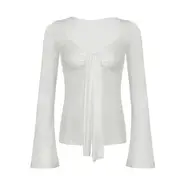 Long Sleeve V-Neck Plain Tie-Front Crop Top White - S