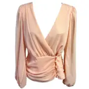 ASOS Blouse Wrap Top Peach Sheer Long Sleeves NEW V-Neckline Ruching Size 4