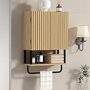 RUSTOWN Bathroom Fluted Wall Cabinet with 2 Doors, 3-Tier Modern Farmhouse Medicine Cabinet, Over The Toilet Storage Cabinet with Adjustable Shelf and Towel Bar (Natural,Small)