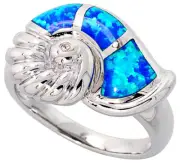 Women Sterling Silver Rhodium Plated, Simulated Opal Inlay Snail Shell Ring 15mm