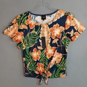 W5 Women's Cropped Front Tie Short Sleeve Tropical Floral Blouse Size M Navy NWT