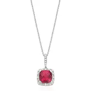 Sterling Silver Cushion & Round Brilliant Cut Created Ruby & Diamond Set Pendant