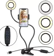 Selfie Ring Light with Gooseneck Stand & Phone Holder, 3 Color 10-Level Dimmable