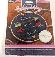 NEW Follow Your Heart Bucilla Stamped Embroidery Kit Denim boho patch arrows