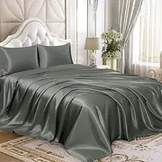 Homiest 4pcs Satin Sheets Set Luxury Silky Satin Bedding Set with Deep Pocket, 1 Fitted Sheet + 1 Flat Sheet + 2 Pillowcases (Queen Size, Dark Grey)