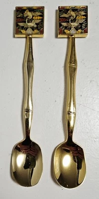 2- Spoons Marked FONS Korea Gold Plated & Enamel 5" Dessert/Tea Spoons