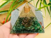 Green Aventurine Orgone Pyramid with Reiki Sign & Clear Quartz Point, 3 inch