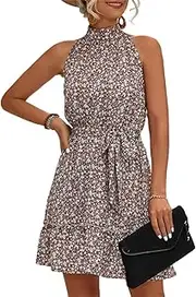 [Generic] Women's Floral Printed Halter Sleeveless Pleated Ruffle Flounce Flowy Hem Short Dress