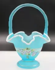 Fenton Hand Painted Charleton Collection Blue Topaz Satin Basket Bill Fenton QVC