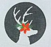 Hand-painted Needlepoint Canvas, Christmas reindeer head, 4 1/2" Circle, 18m