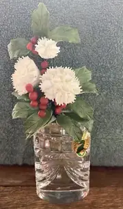 One Unique Winter Waterford Chrystal Seasons Collection Vase W/Porcelain Flowers