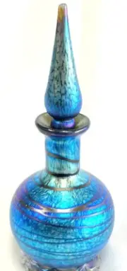 Blue Luster Perfume Bottle With Red Threading Design. Alcaraz Glass