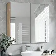 Simplus Bathroom Mirror Cabinet with 2 Tier Adjustable Shelves Shower Shaving Cupboard Wall Mounted Medicine Vanity Storage 750MM(Oak)