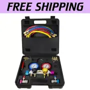 Durable 4-Way AC Manifold Gauge with Color-Coded Hoses & Universal Can Tap