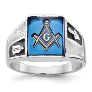 14k White Gold Polished and Textured with Blue Spinel Masonic Ring For Men