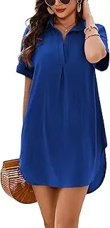 [AI'MAGE] Women's Swimsuit Coverup V Neck Bathing Suit Cover Up Shirt Short Sleeves Beach Bikini Swimwear Dress S-3XL