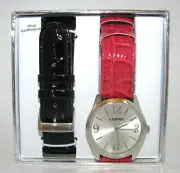 NEW UNLISTED INTERCHANGABLE BLACK+RED CROC BANDS+SILVER DIAL WATCH-UL9003