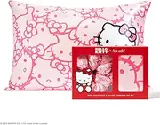 Hello Kitty x Kitsch Satin Pillowcase | Softer Than Silk for Hair & Skin, Machine Washable, Wrinkle-Free, Standard Size, and Satin Scrunchies No-Damage Silk Hair Ties – Pink Kitty Faces, 2pc Set
