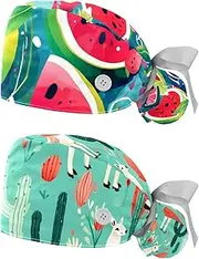 [YTYVAGT] 2-Pc,Nurse Scrub Caps,Scrub Hats with Buttons and Cotton Sweatband,Cartoon Leaf Sea Watermelon