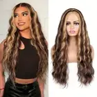 Long Wavy Highlight Brown Blonde Synthetic Wig Curly Lace Front Glueless Wig