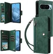 YocoverTech for Google Pixel 9 5G Case,for Google Pixel 9 Pro 5G Wallet Case[6 Card Slots and 1 Zipper Coin Pocket] PU Leather Stand Flip Cover with Wrist Strap-Green