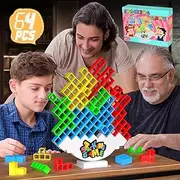 BBnote 64PCS Stack Attack Game for Adult & Kids, Tetra Board Tower Games for Family Travel Party, 2 Players Balance Stacking Toy, Team Toys Building Block