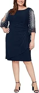 [Alex Evenings] Women's Plus Size Short Sheath Metallic Cocktail Dress with Embellished Sleeves and Cascade Ruffle Skirt