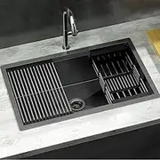 Cefito Kitchen Stainless Steel Sink, 70 x 45cm Single Bowl Basin Sinks Handmade, Home Laundry, Heavy Duty with Strainer Drain Part Basket Rack Under Top Mount Modern Design Black