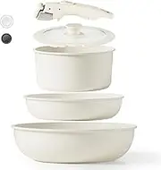 CAROTE Detachable Handle Cookware Sets, 5 PCS Nonstick Pots and Pans Set, Kitchen Induction Cookware Sets with Removable Handle, Stackable RV Cookware for Campers, Oven Safe (White)…