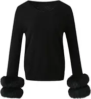 [Bciopll] Women's Soft Warm Knitting Sweater Detachable Cuff O-Neck Solid Pullover Sweater Knit Jumper