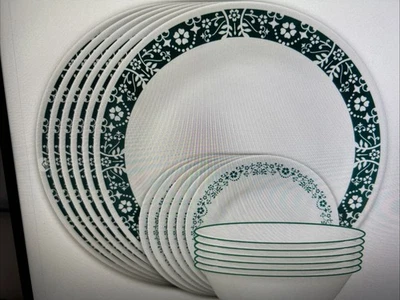 CORELLE "PENELOPE " 18 PC. WHITE / EMERALD GREEN DINNERWARE SET # 1152251 NEW