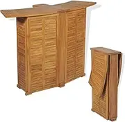 Folding Bar Table Solid Teak Wood, Foldable Outdoor Patio Table for Dining, Wooden Table with Bottle Holder, 155x53x105 cm