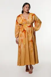 Plus Size Ombre Floral Silk Cotton Plunge Maxi Dress