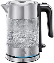 Russell Hobbs Kettle Glass & Stainless Steel Small [0.8 L] Compact (2200 W, Blue LED Lighting, Removable Limescale Filter, Small Travel Kettle) Tea Maker 24190-70