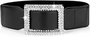 [Weenkeey] Wide Elastic Waist Belt Vintage Wide Waist Belt Fashion Cinch Belt with Rhinestone Buckle for Dress Shirts Coat - Black, black, One size
