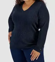 Tommy Hilfiger Women's Blue Ribbed Metallic Threaded Sweater Plus Size 0X
