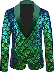 [Homhous] Men's Velvet Sequin Tuxedo Blazer Jacket for Prom Shawl Lapel Slim Fit Single Breasted Scale Pattern