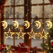 9Pack 125LEDs Star Moon Window Christmas Decoration, Battery Powered Star Moon Hanging String Lights with 8 Modes Perfect for Indoor/Outdoor (Battery not Include)