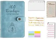100 Envelopes Money Saving Challenge Budget Binder PU Leather Cover with Cash Envelope PVC Pocket Zipper/Budget Cards/Lable Stickers Used as Money Organizer System Saving Planner Birthday Blue