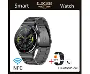 LIGE NFC Bluetooth Call Smart Watch Men HD Screen Sports Bracelet Waterproof ECG Health Monitor Men SmartWatch For IOS Android steel strip black